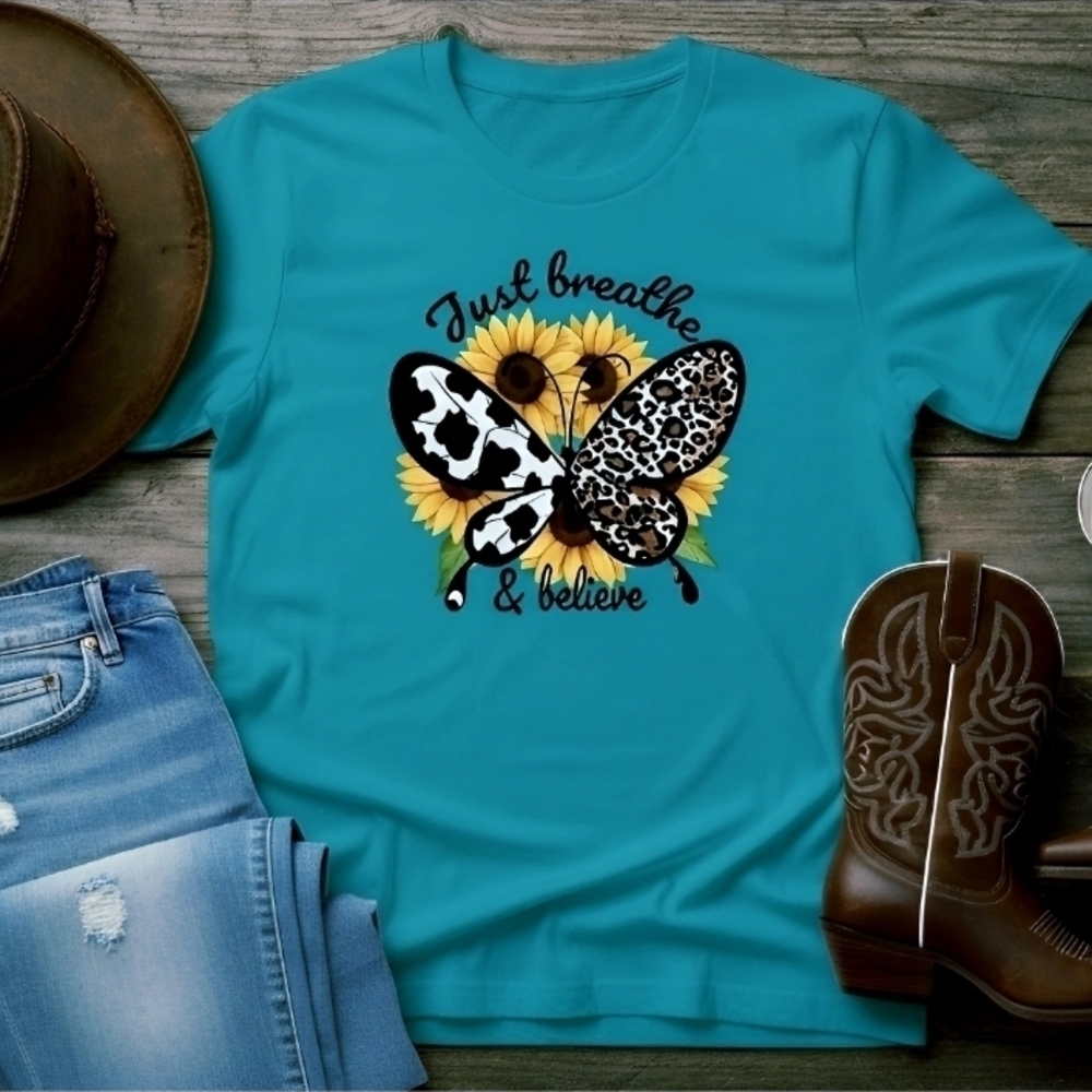 Just Breathe & Believe Sunflower Butterfly Tee • Cow Print Leopard Graphic Shirt